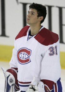 Canadiens goalie Price listens to "O Canada" before start of NHL debut against the Penguins in Pittsburgh